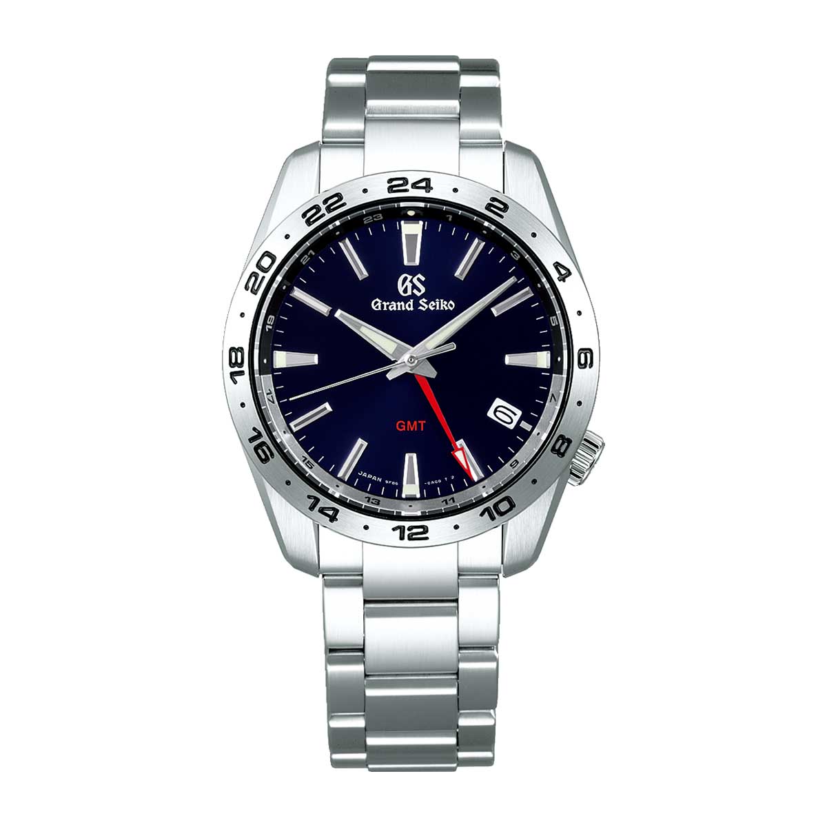 The Grand Seiko Sport Collection Automatic with Manual Winding Mechanical Hi-Beat 36000 GMT Triple Time Zone 44.2mm Watch showcases a stainless steel bracelet and a sophisticated black dial adorned with silver hour markers and hands. Its striking red GMT hand marks the triple time zone, complemented by a date window at 3 o'clock elegantly positioned beneath sapphire crystal.