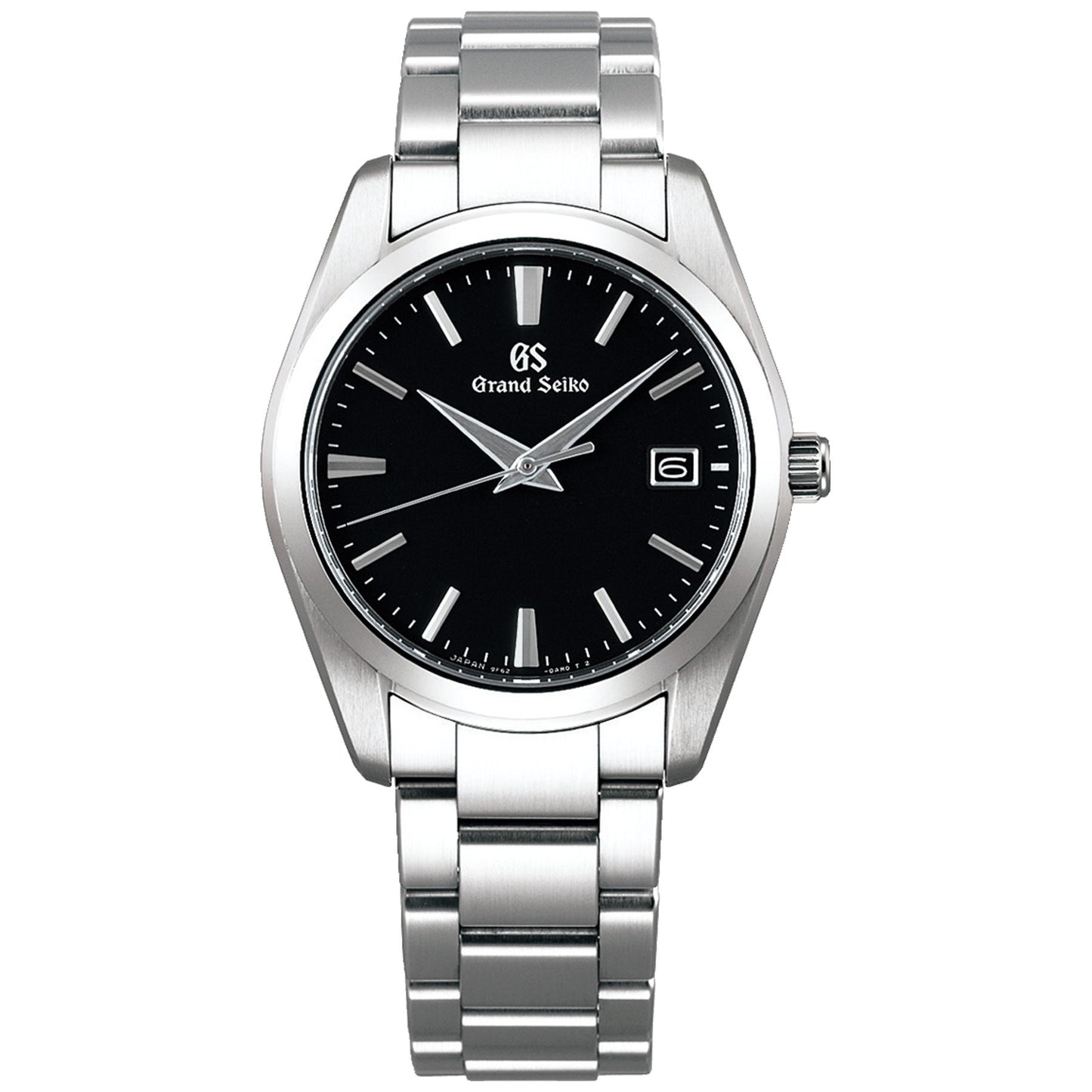 The Grand Seiko Heritage Collection 9F62 Quartz 37mm Watch features a sleek stainless steel bracelet and case. Its black dial is adorned with silver hour markers and hands, enhanced by an innovative date window at the 3 o'clock position, capturing timeless sophistication in an elegant analog quartz design.