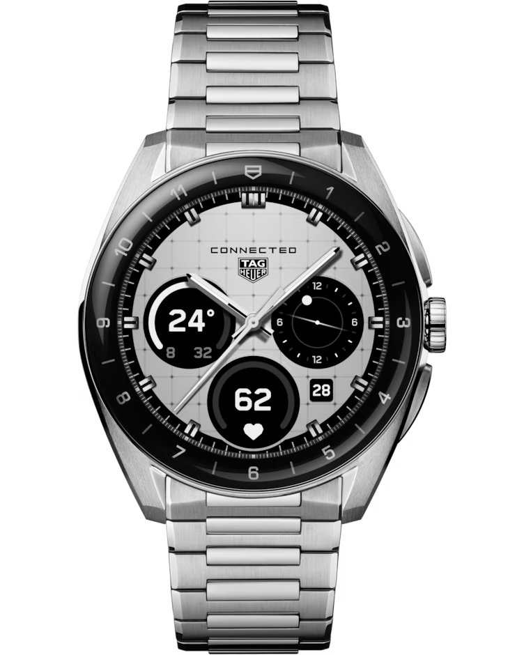 A TAG Heuer Connected Calibre E5 40mm Smart Watch in silver, featuring a metal band and a sleek, modern digital display that shows time, date, heart rate, and multiple fitness metrics.