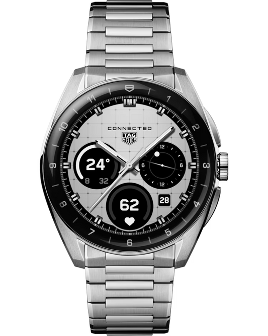 A TAG Heuer Connected Calibre E5 40mm Smart Watch in silver, featuring a metal band and a sleek, modern digital display that shows time, date, heart rate, and multiple fitness metrics.