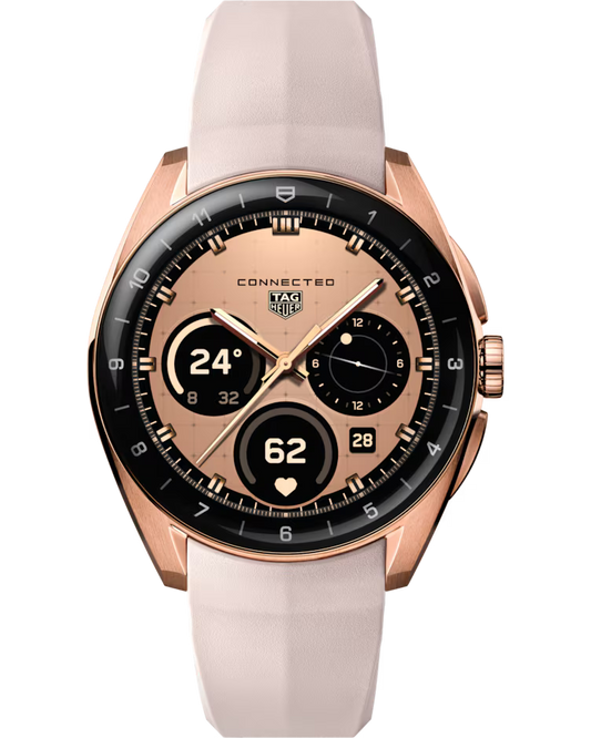 The TAG Heuer Connected Calibre E5 Golden Bright Edition 40mm Smart Watch features a round display in rose gold with a beige strap, showcasing digital dials for time, steps, heart rate, and date.