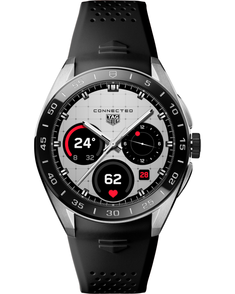 The TAG Heuer Connected Calibre E5 45mm Smart Watch by TAG Heuer features a sporty design with a black strap and a round touchscreen display that shows digital time, heart rate, date, steps, and weather.