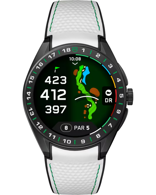 The TAG Heuer Connected Calibre E5 Golf Edition 45mm Smart Watch by TAG Heuer, featuring a black bezel and white textured band, displays a golf course map with distances to the hole (423, 412, 397 yards), the current time (10:08), and indicates play on the 8th hole, par 5.