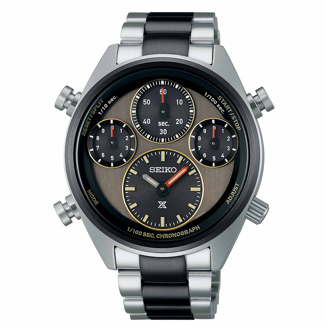 The Seiko Prospex Speedtimer Solar 42mm Watch features a stainless steel case combined with a black and brown dial. It operates on solar movement for dependable power, includes multiple sub-dials for accurate timing, and is paired with an elegant steel and black bracelet strap that radiates sophistication.