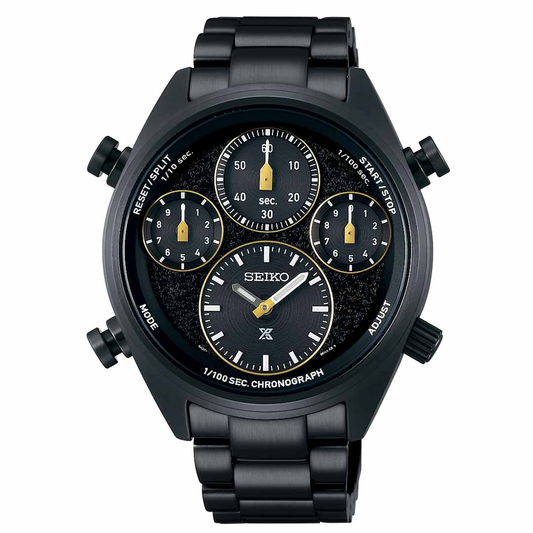 The Seiko Prospex Speedtimer Solar 42mm watch features a black dial with golden-tone hands and three subdials, all encased in a stainless steel band. Its precision-driven solar movement is highlighted by "1/100 SEC. CHRONOGRAPH" text on the large central face, which is protected by a sapphire crystal.