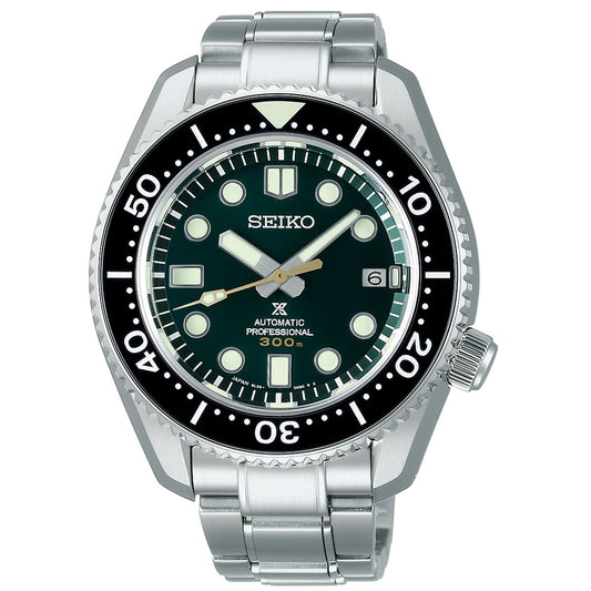 This Seiko Prospex 140th Anniversary Limited Edition Automatic Watch combines innovative technology with a silver case, a black bezel, and a captivating green dial. The luminous hour markers enhance visibility, and the date display at 3 o'clock offers added convenience. A durable stainless steel bracelet complements this automatic professional watch, rated for depths up to 300 meters.