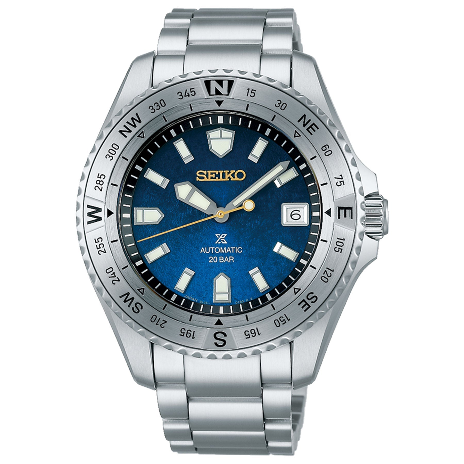 Commemorate the 30th anniversary with the exclusive Seiko Prospex Landmaster Limited Edition timepiece. This stunning wristwatch features a stainless steel band, a blue dial with luminescent hands and markers, a date window positioned at 3 o'clock, and a compass bezel. The dial prominently displays "Automatic 20 Bar" and "Seiko.