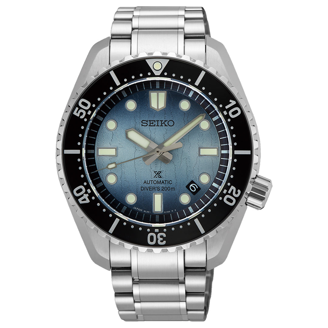 The Seiko Prospex Sea Automatic 42.6mm Diver's Edition features a stainless steel band, a blue textured dial with luminous markers, and a unidirectional black bezel. With a sapphire crystal for durability, it's water-resistant up to 200 meters.