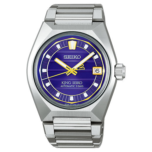 The Seiko King Seiko VANAC Automatic with Manual Winding 41mm Watch features a silver metal band, octagonal case, blue dial, yellow-gold hands and markers, a 3 o’clock date window, and dial text: "SEIKO" and "KING SEIKO AUTOMATIC 3 DAYS".