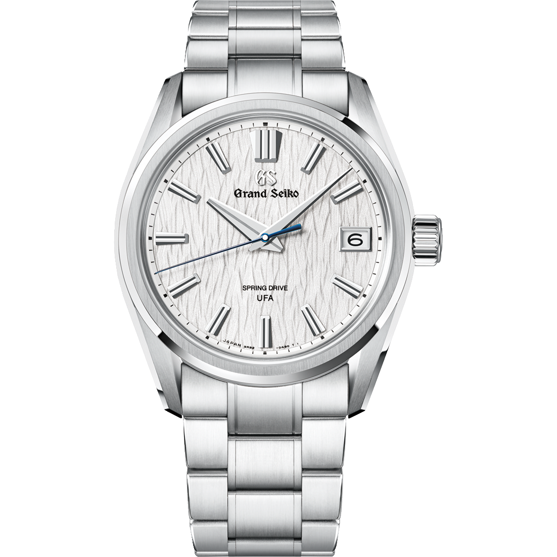 The Grand Seiko Evolution 9 Spring Drive U.F.A Self Winding 40mm Watch features a textured white dial with silver hour markers, a striking blue second hand powered by the precise Caliber 9RB2, a date display at the 3 o’clock position, and comes with an Ever-Brilliant Steel bracelet.