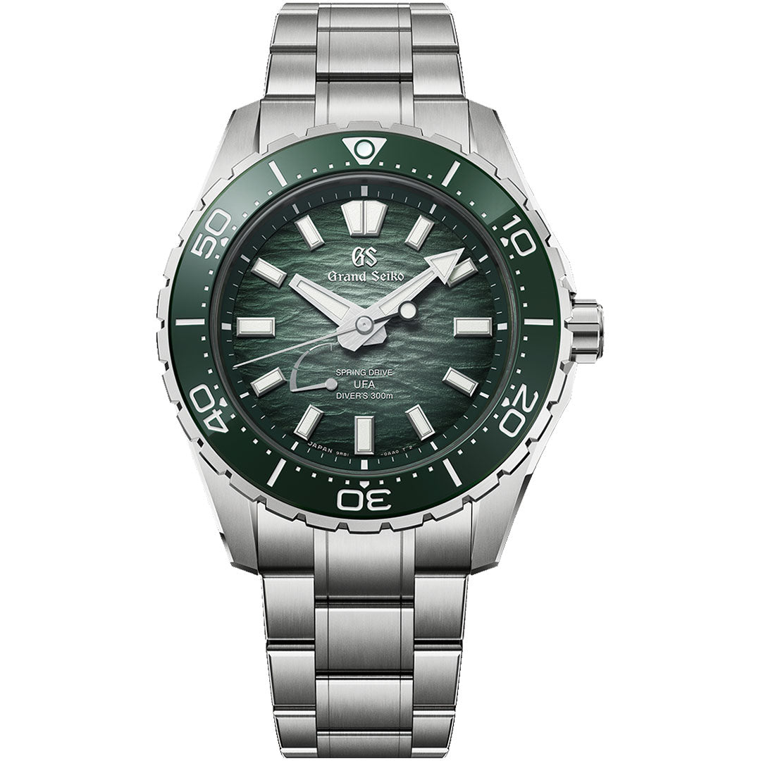 The Grand Seiko Evolution 9 Spring Drive U.F.A Ushio 300 Diver 40.8mm Watch features a stainless steel case, green bezel, textured green dial, luminous hands and markers, Caliber 9RB2 movement, date at 4 o'clock, and metal bracelet.