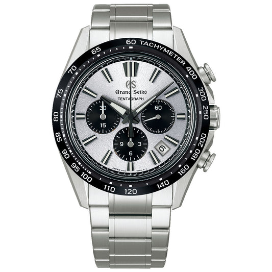 The Grand Seiko Evolution 9 Collection Automatic with Manual Winding Tentagraph 43.2mm Watch features a silver dial, three black sub-dials, date window, black tachymeter bezel, and stainless steel bracelet with silver-toned hands and markers.