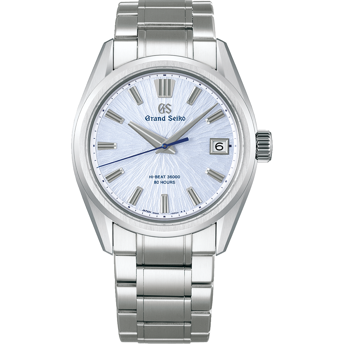 The Grand Seiko Evolution 9 Collection Hi-Beat 36000 Automatic 40mm Limited Edition watch features Ever-Brilliant Steel, a Mt. Iwate light blue dial, silver markers and hands, a date at 3 o’clock, and a polished silver bracelet.