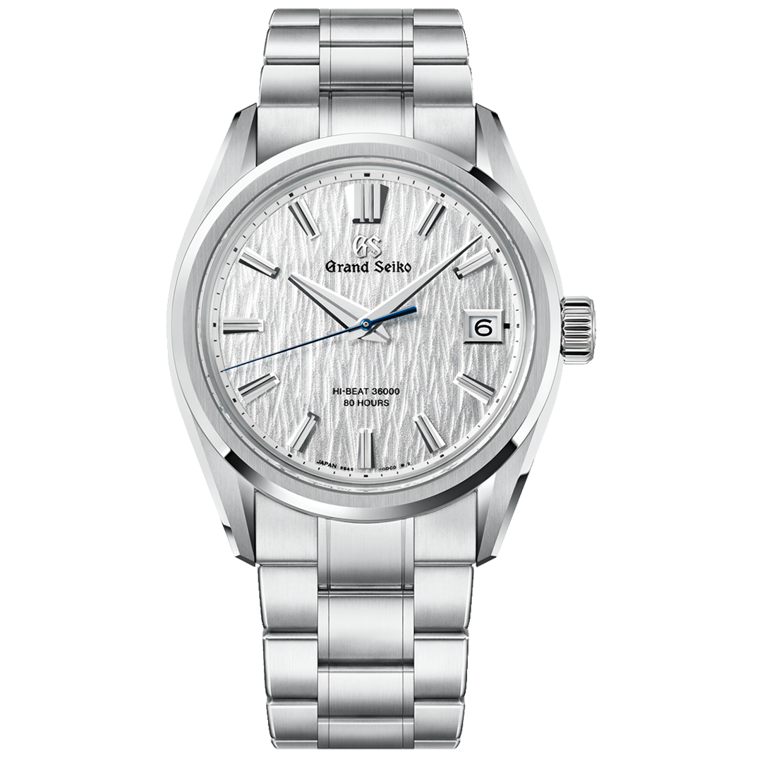 Grand Seiko Evolution 9 Collection Single Winding with Manual Winding 40mm watch in silver-toned stainless steel with a white textured dial, silver markers, a date window at three o’clock, and a blue seconds hand.