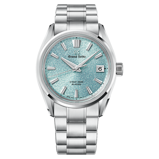 Grand Seiko Evolution 9 Collection Single Winding with Manual Winding 40mm Watch in silver-tone Ever-Brilliant Steel, featuring a textured light blue dial with silver hands, markers, and a date window at the three o’clock position.