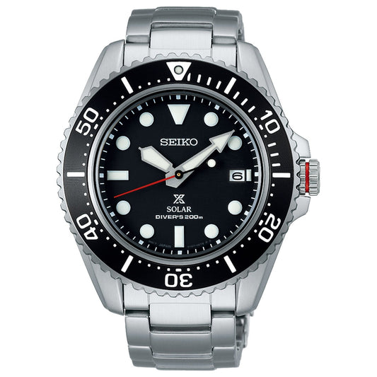 Close-up of a Seiko Prospex Sea Solar 42.8mm Watch featuring a stainless steel band. The black dial displays prominent white hour markers, a date feature, and a rotating bezel. The text "Solar Diver's 200m" highlights Seiko's cutting-edge technology at the bottom. The red-tipped minute hand adds to its distinct design.
