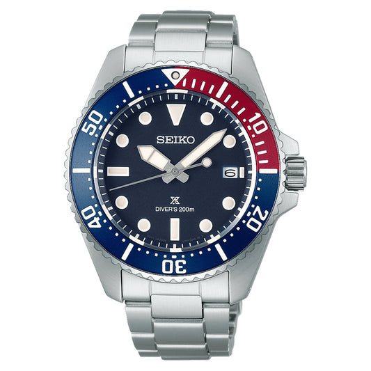 The Seiko Prospex Sea Solar 41mm Watch features a silver tone, sapphire crystal, blue and red bezel, and luminous markers. Its blue dial includes a date display at 3 o'clock. With a stainless steel bracelet, this Seiko watch offers water resistance up to 200 meters.