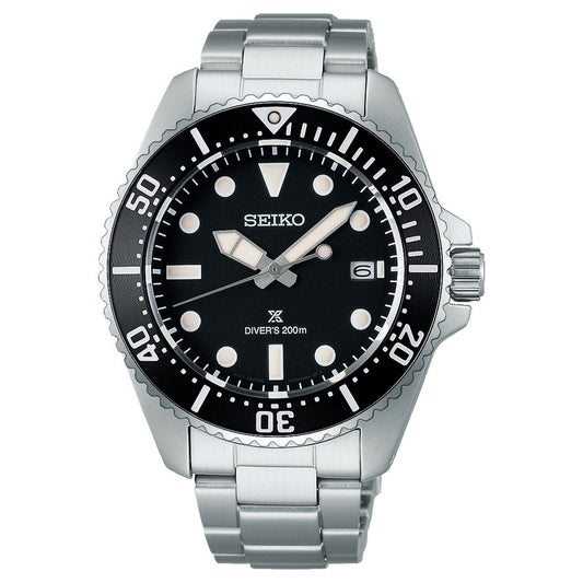 The Seiko Prospex Sea Solar 41mm Watch features a stainless steel band, black bezel and dial, luminous markers and hands, a date window at 3 o’clock, and is water-resistant up to 200 meters.
