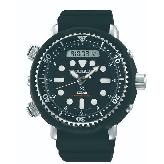 The Seiko Prospex Sea Solar 47.8mm watch is ideal for adventure enthusiasts, featuring a sleek black bezel and strap. It offers both a digital display and analog hands, complemented by round hour markers. With the "Diver's 200m" designation, it's expertly designed for underwater exploration.