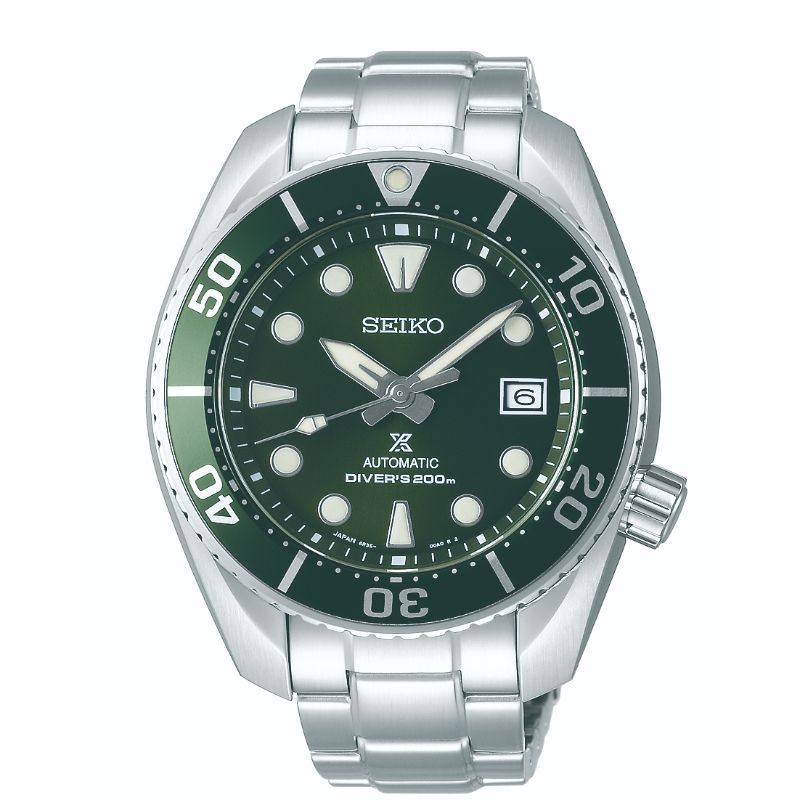 The Seiko Prospex Sea Automatic With Manual Winding 45mm Watch is an eye-catching stainless-steel timepiece featuring a striking green bezel and dial accented by white hour markers. It boasts an automatic movement with a date display at 3 o'clock, and comes with a sleek silver metal bracelet. This watch offers water resistance up to 200 meters.