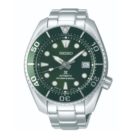 The Seiko Prospex Sea Automatic With Manual Winding 45mm Watch is an eye-catching stainless-steel timepiece featuring a striking green bezel and dial accented by white hour markers. It boasts an automatic movement with a date display at 3 o'clock, and comes with a sleek silver metal bracelet. This watch offers water resistance up to 200 meters.