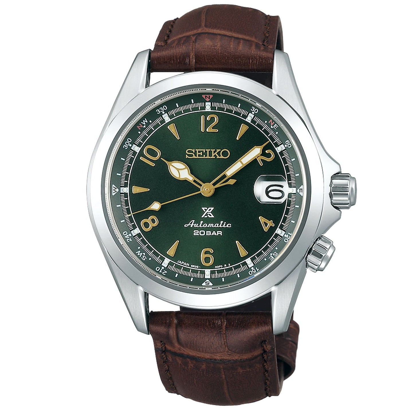 The Seiko Prospex Land Automatic With Manual Winding 39.5mm Watch by Seiko features a stainless steel case and a sophisticated dark green dial with gold numerals. It is equipped with dual crowns, presents a date window at the 3 o'clock position, and displays the "20BAR" marking. The watch includes an automatic movement and is paired with a brown leather strap for added style.