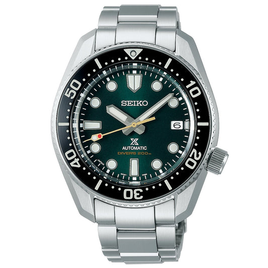 The Seiko Prospex Sea Limited Edition Automatic With Manual Winding 42mm Watch showcases a captivating green dial paired with a sleek stainless steel bracelet. This sophisticated timepiece from Seiko includes large luminous hour markers, white hands, a date display positioned at 3 o'clock, and is complemented by a black bezel adorned with minute markers.