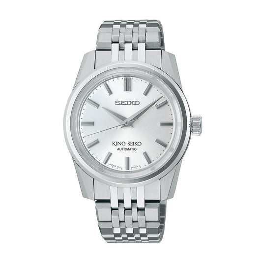 The Seiko King Seiko Automatic with Manual Winding 37mm Watch boasts a 70-hour power reserve, a silver dial, and a stainless steel bracelet. Its refined design highlights silver hour markers and hands, complemented by the "Seiko King Seiko Automatic" inscription on the dial.