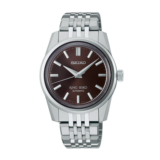 The Seiko King Seiko Automatic With Manual Winding 37mm Watch showcases a sleek silver metal band and an eye-catching brown dial. It includes silver hour markers and hands, highlighted by the "SEIKO" and "KING SEIKO AUTOMATIC" logos. Driven by the accurate 6R31 Caliber, this timepiece merges sophistication with dependability.