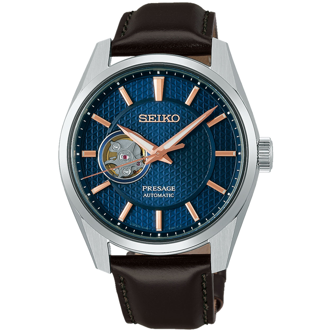 The Seiko Presage Sharp Edge Series Automatic with Manual Winding 40.2mm Watch from Seiko showcases a blue patterned dial featuring a visible open-heart movement and rose gold hour markers. It combines elegance with its stainless steel case and brown leather strap.