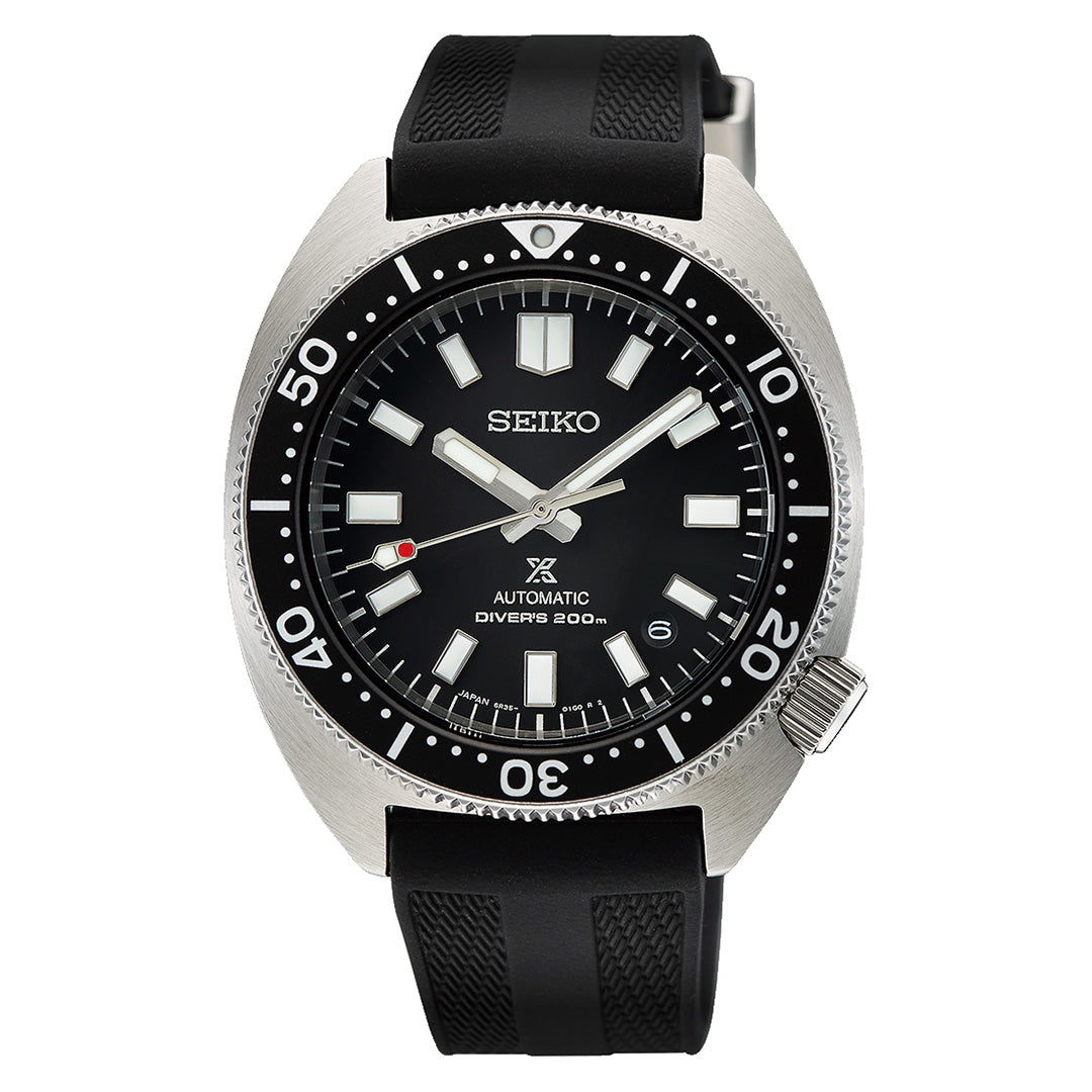 The Seiko Prospex Sea Automatic 41mm Watch by Seiko features a striking black dial with bold white hour markers, a date window at 3 o’clock, a sleek black bezel, and a robust black rubber strap. Designed for diving, this standout watch offers water resistance up to 200 meters.