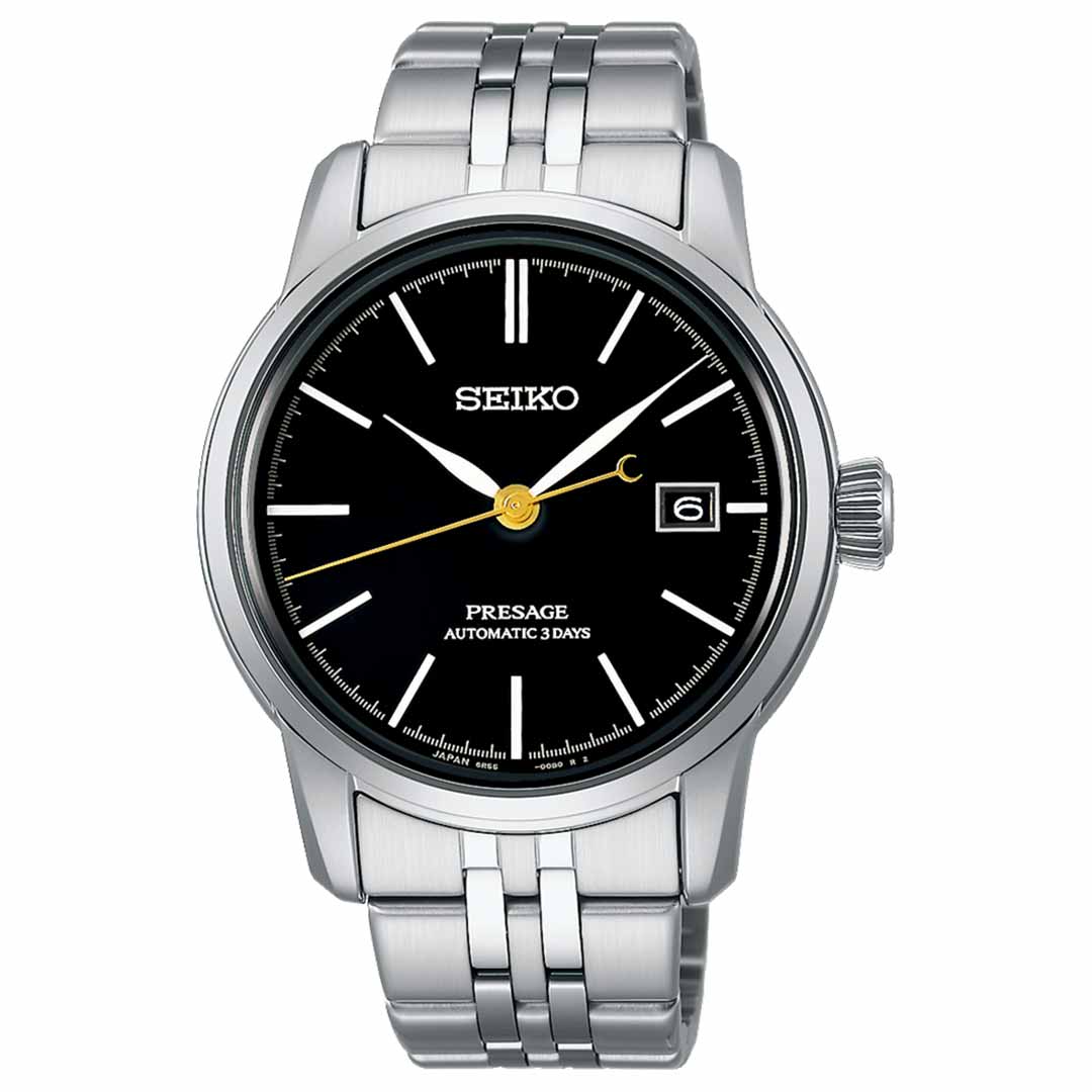 The Seiko Presage Craftmanship Series Automatic with Manual Winding 40.2mm Watch features a stylish silver metal band and a striking black dial, accented by a yellow second hand and white hour markers. Powered by the Caliber 6R55 movement, it includes a convenient date display at the 3 o'clock position and showcases "Automatic 3 Days.