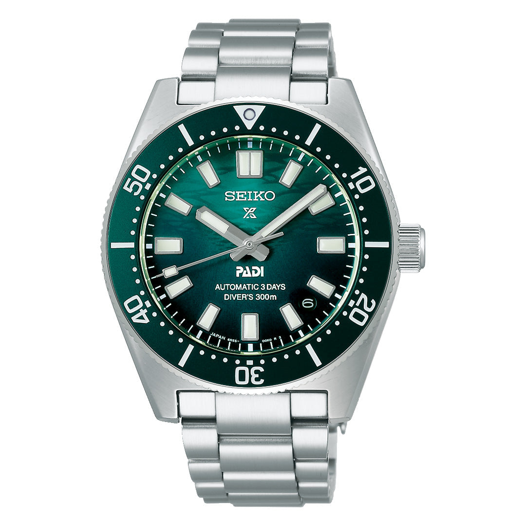 The Seiko Prospex Sea Automatic 40mm Watch by Seiko features a stainless steel case, a striking green dial with silver hour markers, a date window at the 4 o’clock position, and a coordinating silver metal bracelet. Its dark green bezel is accented with white numerals and markers.