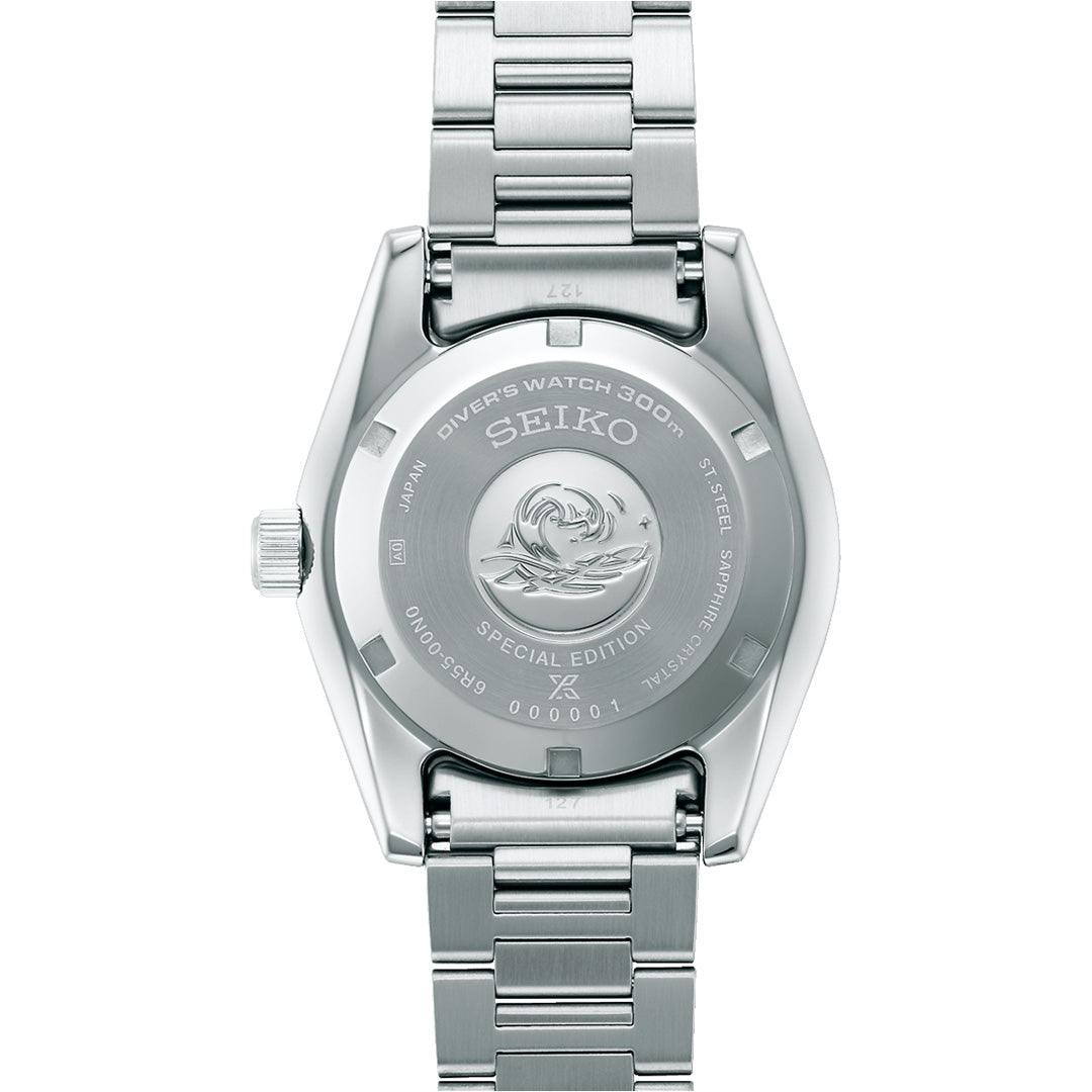 The back of the Seiko Prospex Sea Automatic 40mm Watch showcases exclusive special edition engravings, a sturdy stainless steel bracelet, and clear inscriptions denoting its water resistance and model details—signature features of this premium automatic timepiece from Seiko.
