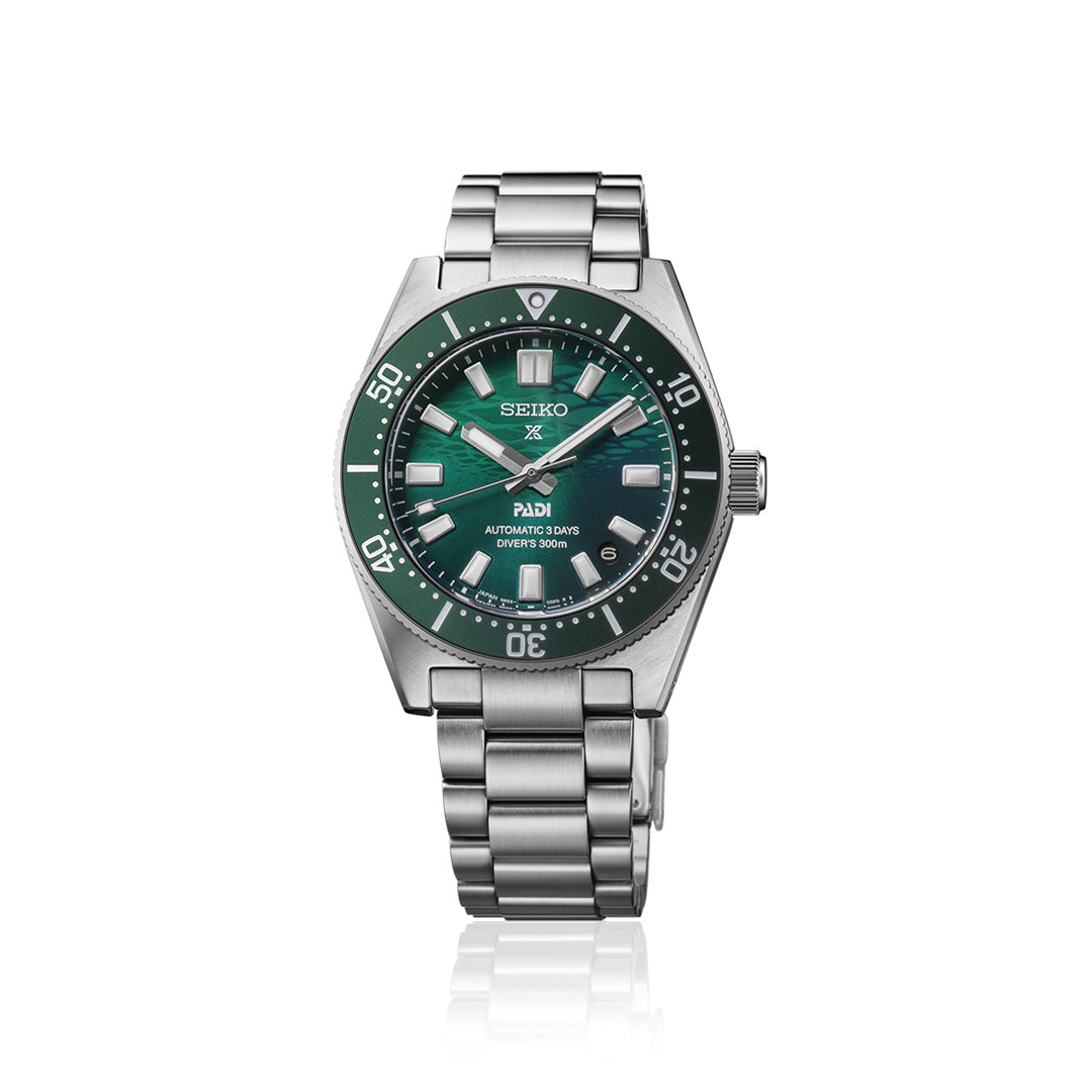 A Seiko Prospex Sea Automatic 40mm Watch featuring a stainless steel case, green dial with silver hour markers, unidirectional bezel, and a silver link bracelet. The watch displays the Seiko, Prospex, and PADI logos.