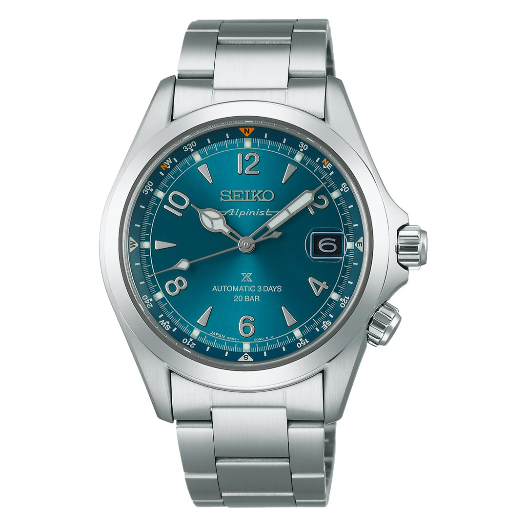 The Seiko Prospex Land Automatic With Manual Winding 39.5mm Watch by Seiko features a teal blue dial, silver hour markers, date window at 3 o’clock, and stainless steel bracelet—offering classic style and dependable performance for any adventure.