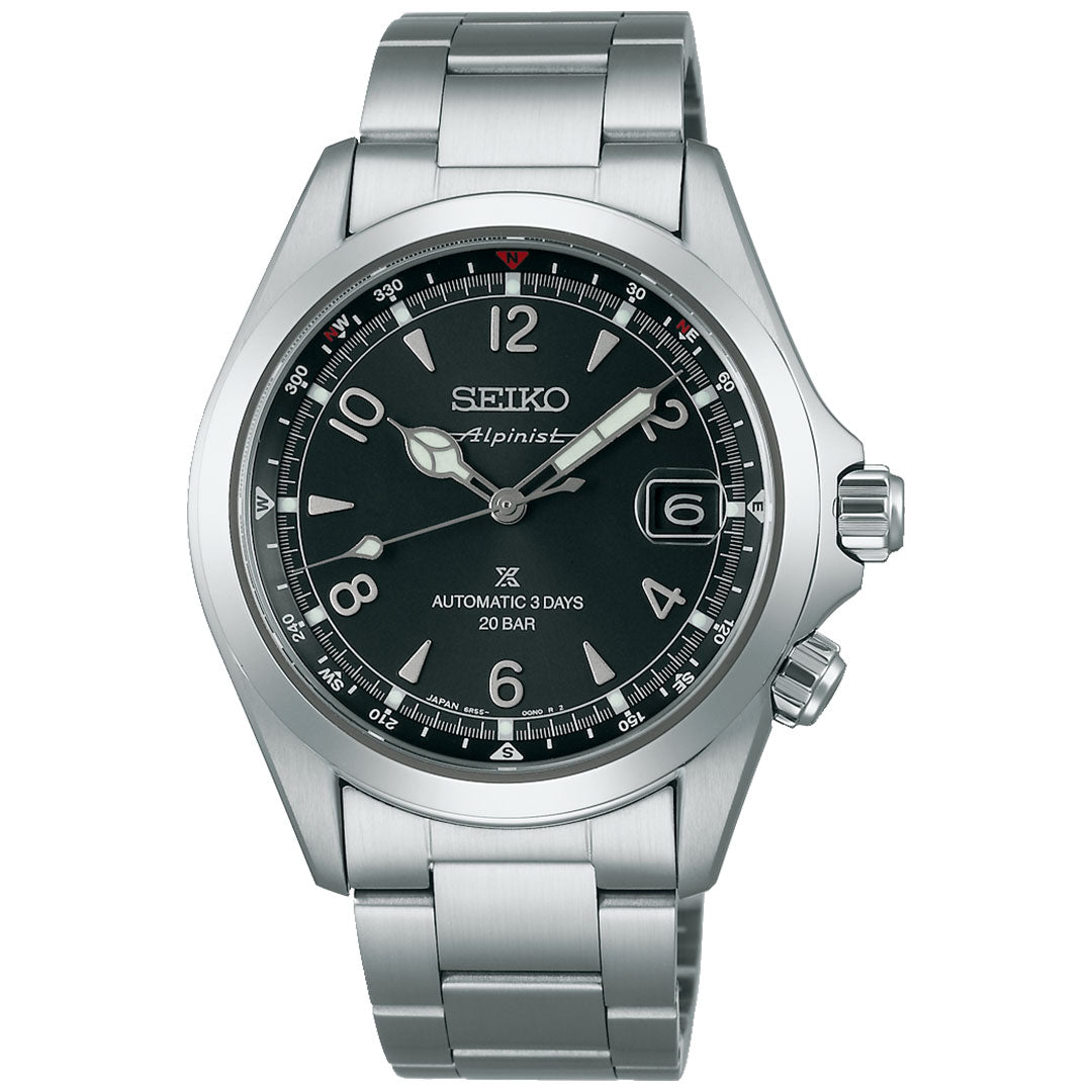 The Seiko Prospex Land Alpinist Automatic With Manual Winding 39.5mm, a stainless steel watch by Seiko, features a black dial, silver hour markers, date window at 3 o'clock, automatic movement, and comes on a metal bracelet.