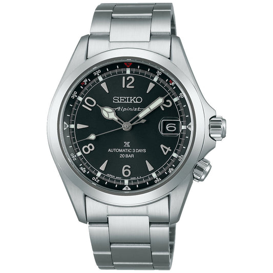 The Seiko Prospex Land Alpinist Automatic With Manual Winding 39.5mm, a stainless steel watch by Seiko, features a black dial, silver hour markers, date window at 3 o'clock, automatic movement, and comes on a metal bracelet.