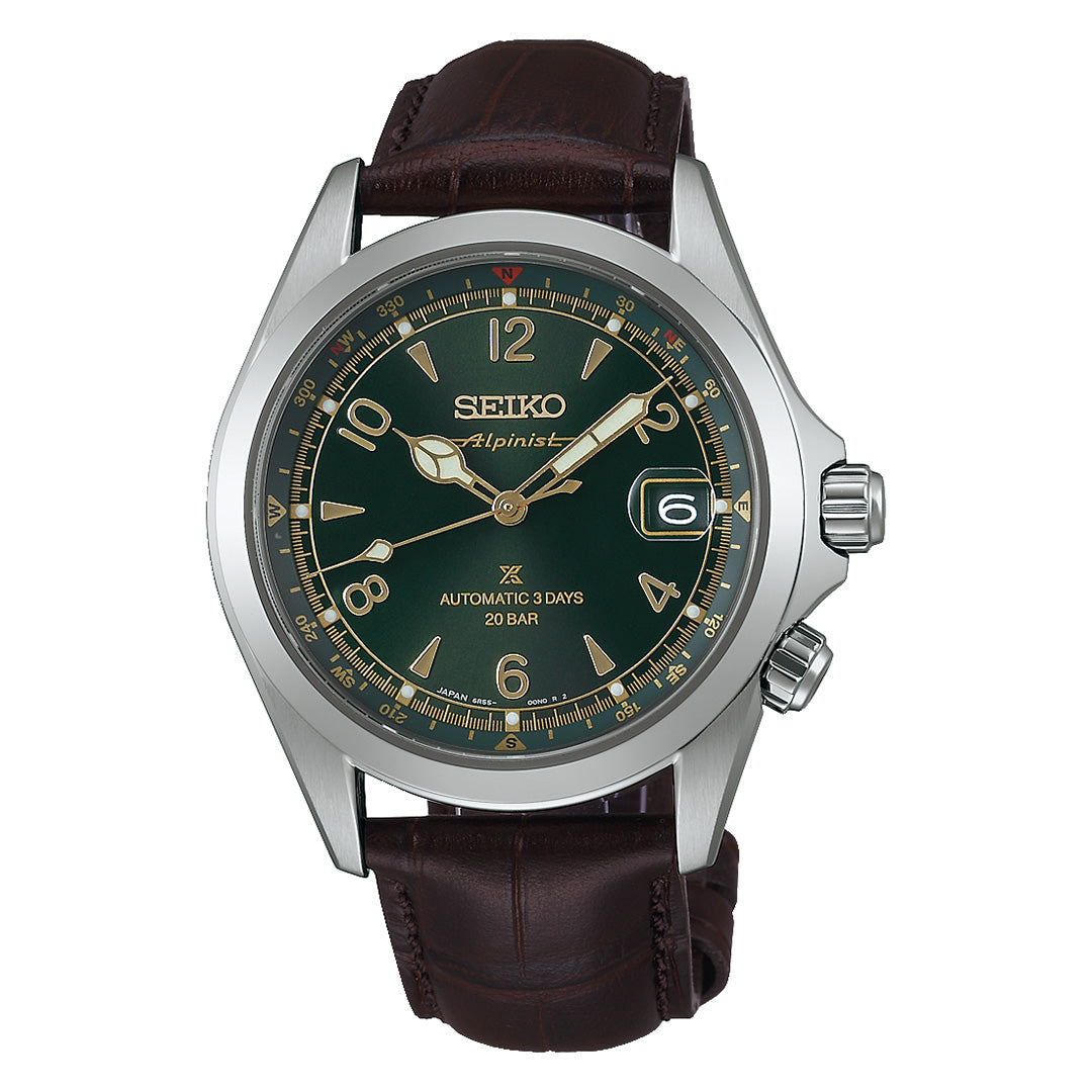 Sure! Here’s the rewritten sentence using your product data: The Seiko Prospex Land Automatic With Manual Winding 39.5mm watch by Seiko features a green dial with gold accents, bold Arabic numerals, a cathedral-style hour hand, and a date display at 3 o’clock. It is paired with a brown leather strap and housed in a silver-tone case.