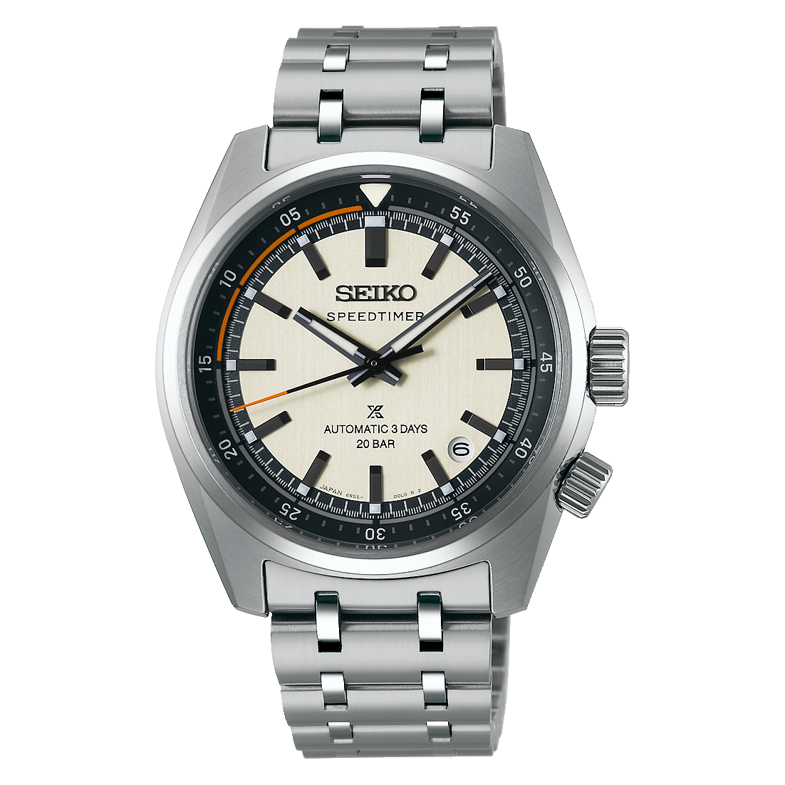 Seiko Prospex Speedtimer Automatic With Manual Winding 39.5mm watch featuring a cream dial, black bezel, and a link bracelet.