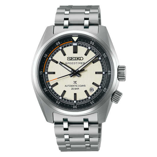 Seiko Prospex Speedtimer Automatic With Manual Winding 39.5mm watch featuring a cream dial, black bezel, and a link bracelet.