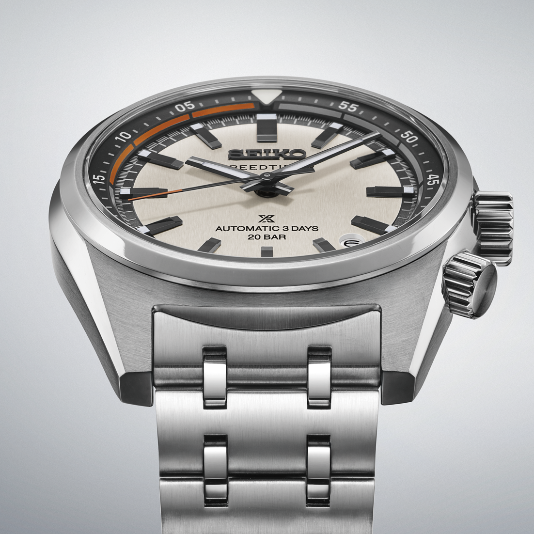 Seiko Prospex Speedtimer Automatic With Manual Winding 39.5mm Watch in stainless steel with a silver-tone finish, cream-colored dial, black indices, and a classic link bracelet.