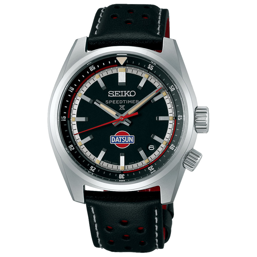 The Seiko Prospex Speedtimer Datsun 240Z Automatic, a limited edition of 2500 pieces, features a black dial with white and red accents, "Datsun" logo at 6 o'clock, silver case, dual crowns, and black perforated leather strap.