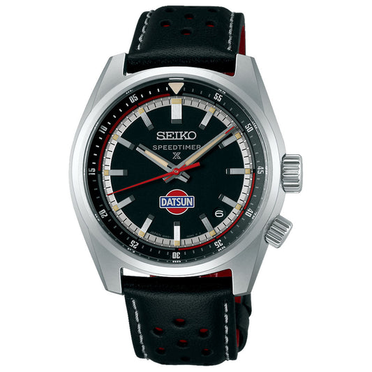The Seiko Prospex Speedtimer Datsun 240Z Automatic, a limited edition of 2500 pieces, features a black dial with white and red accents, "Datsun" logo at 6 o'clock, silver case, dual crowns, and black perforated leather strap.