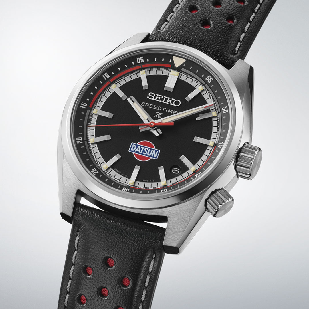 The Seiko Prospex Speedtimer Datsun 240Z Automatic 39.5mm Limited Edition (2500 pieces) features a black dial with red accents, silver case, black leather strap, and the Datsun logo above 6 o’clock.