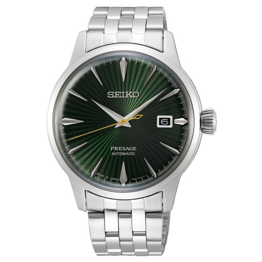 The Seiko Presage Cocktail Time Automatic with Manual Winding 40.5mm Watch features a stainless steel band, green sunburst dial, silver hour markers, date window at 3 o'clock, and a gold second hand.