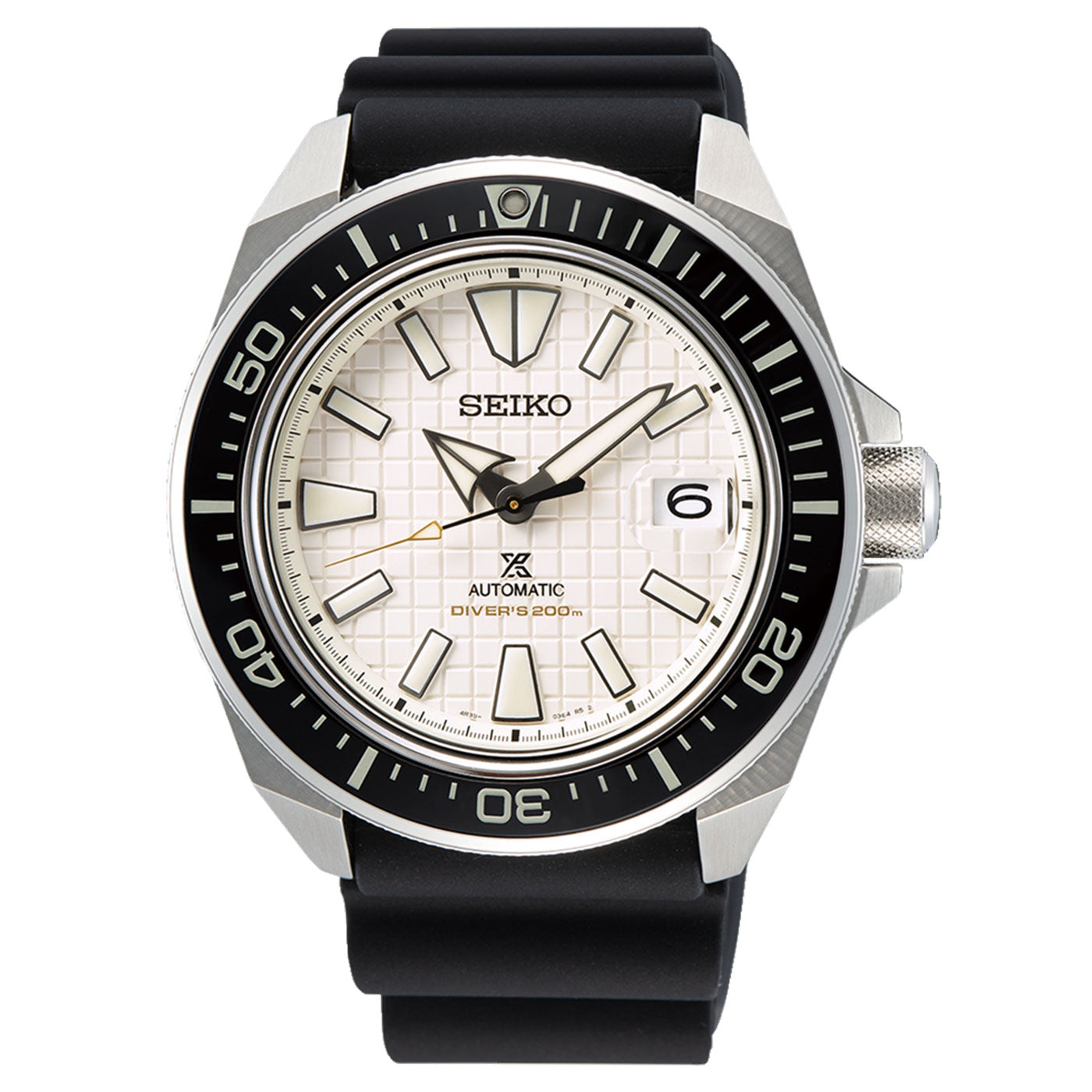 The Seiko Prospex Sea Automatic With Manual Winding 43.8mm watch showcases a silver case, black bezel, and a white dial with silver markers and hands. This watch highlights cutting-edge technology, including a date display at 3 o'clock and is completed with a robust black rubber strap labeled "Automatic Diver's 200m.