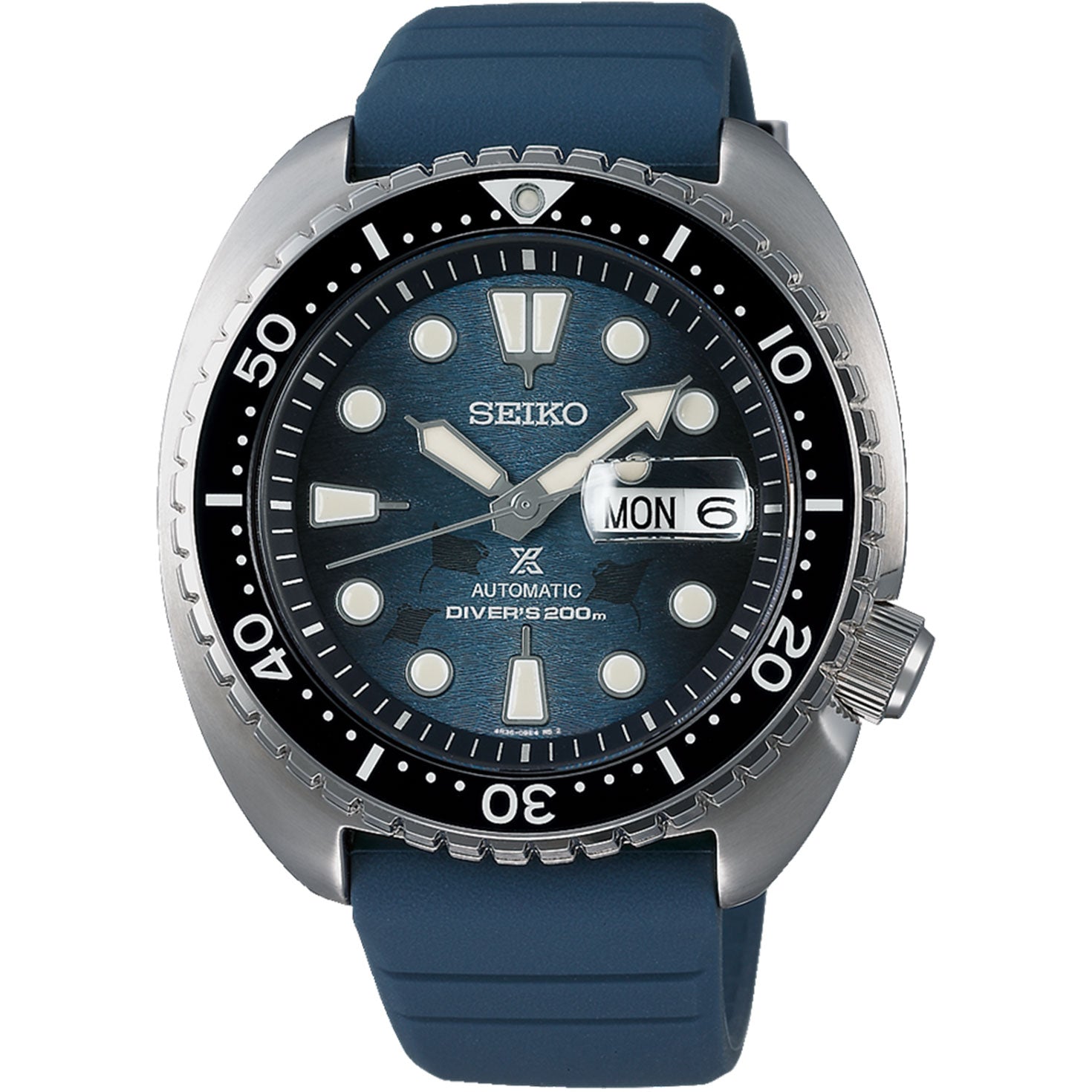 Introducing the Seiko Prospex Sea Save The Ocean Special Edition Automatic Watch, highlighting a blue dial and matching strap. This 45mm divers watch features luminescent hour markers, a date and day display for Monday the 6th, and a stainless steel bezel with minute indicators, embodying Seiko's innovative technology.