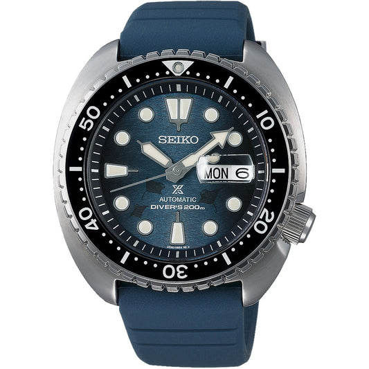 Introducing the Seiko Prospex Sea Save The Ocean Special Edition Automatic Watch, highlighting a blue dial and matching strap. This 45mm divers watch features luminescent hour markers, a date and day display for Monday the 6th, and a stainless steel bezel with minute indicators, embodying Seiko's innovative technology.