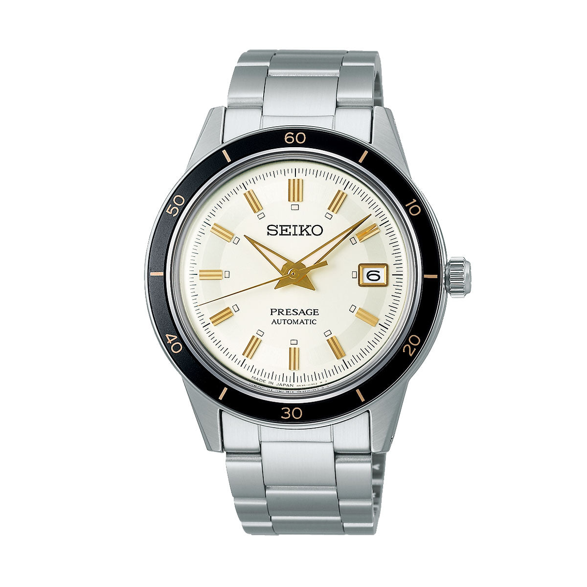 The Seiko Presage Automatic with Manual Winding 40.8mm watch, an embodiment of traditional craftsmanship and Japanese aesthetics, features a stainless steel band and a white dial. Its elegance is accentuated by gold-tone hour markers and a date display positioned at 3 o'clock. The black bezel is equipped with minute markers to ensure precision.